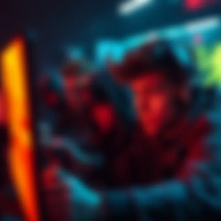 Player in intense video game match A gamer focused on a screen with tense expressions while playing against tough opponents in a dark room