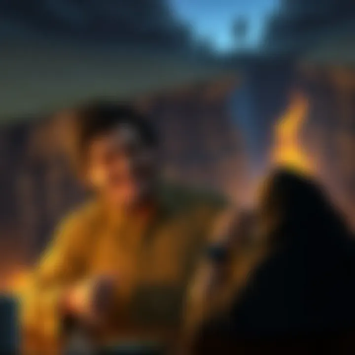 A tabletop RPG player laughs while joking about suing their DM for emotional distress, with a dramatic background depicting a cliffhanger scene.