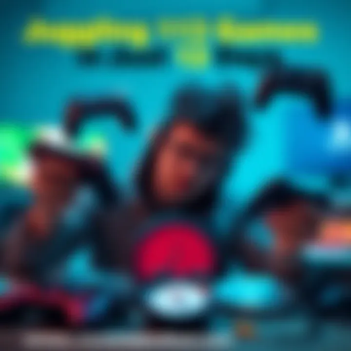 Player juggling video game controllers A focused player trying to manage multiple video game controllers at once, surrounded by game discs and a clock indicating a tight deadline.