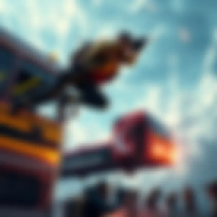 A top player jumping from a bus in a gaming tournament, aiming at opponents below.