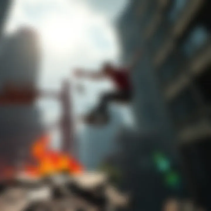 A character performing parkour in a post-apocalyptic city setting, showcasing impressive jumps and agility, surrounded by zombies and urban ruins.
