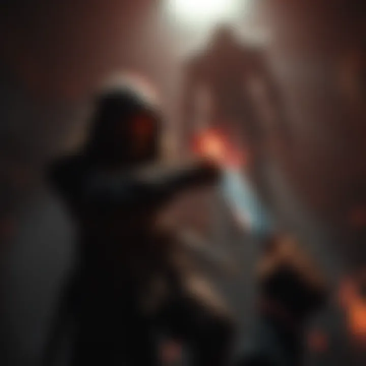 A player character in action, using a knife against a Garrador enemy in a dark, hostile environment.