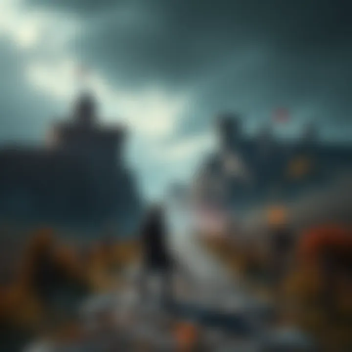 A character holding a bloodhound's weapon, standing at a crossroads between a castle and southern terrain, contemplating their next move