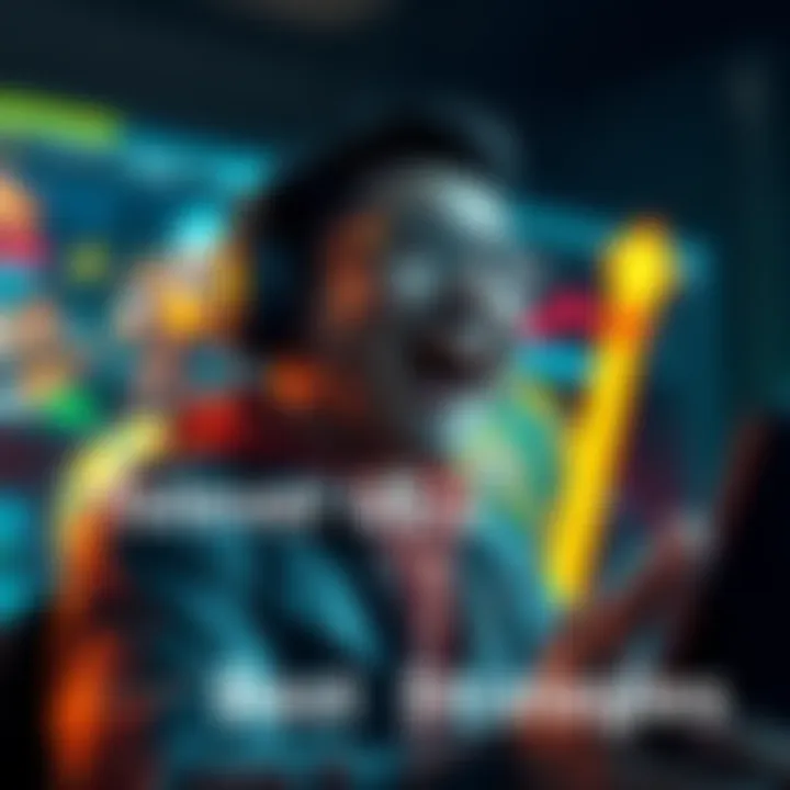 A gamer celebrating a character level up with an excited expression and game graphics in the background