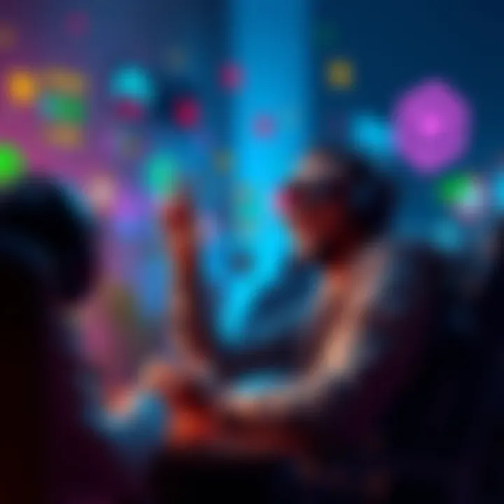 Player Leveling Up A gamer excitedly leveling up their demo class, surrounded by gaming icons and stats, engaged in the gaming conversation.