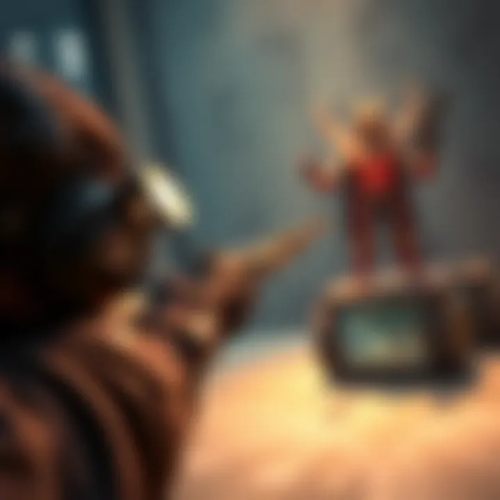 A gamer aiming Light's double barrel shotgun at a full health heavy character in a video game setting.