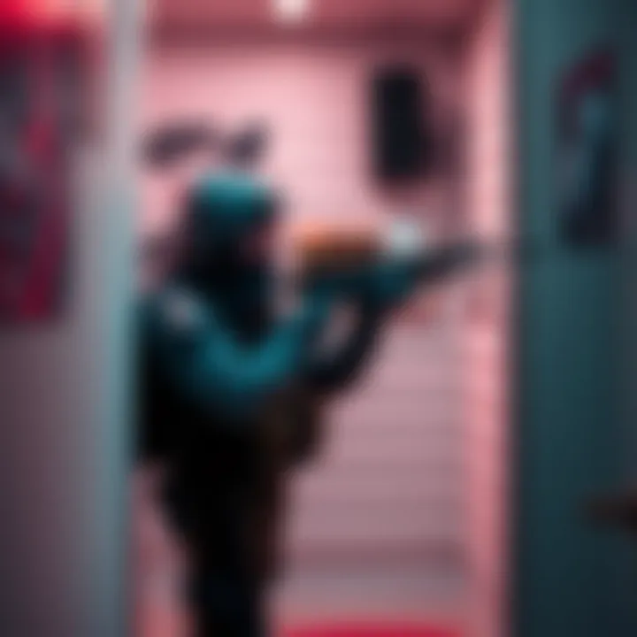 Player using a long-range rifle in close quarters A gamer adjusts their strategy with a long-range weapon in a small room, looking for opportunities while being cautious of nearby opponents.