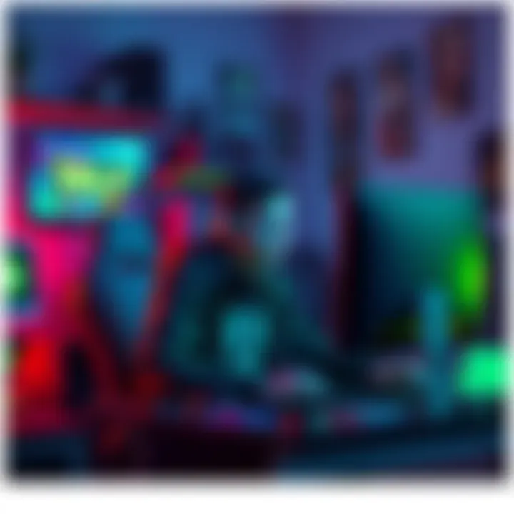 A player sits at a computer, seeking assistance on green text meaning in game role selection, surrounded by gaming paraphernalia.