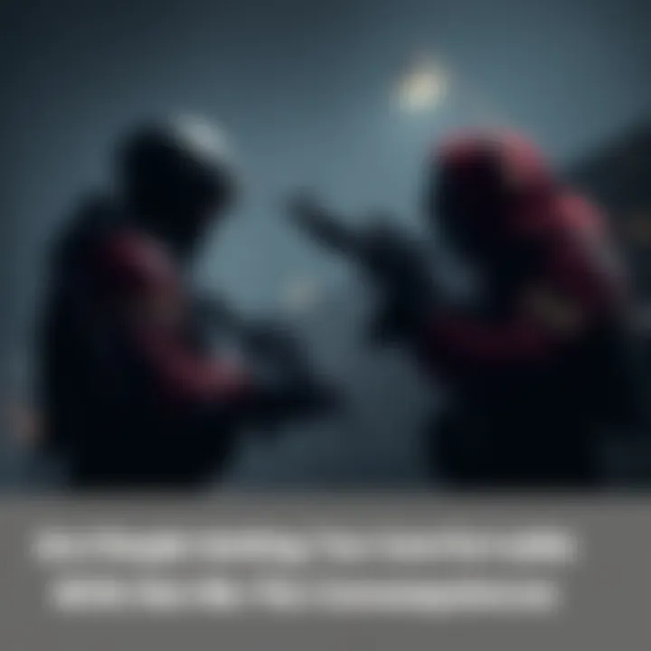 A tense moment where a player faces off against a looter, with weapons drawn in a dark raid setting