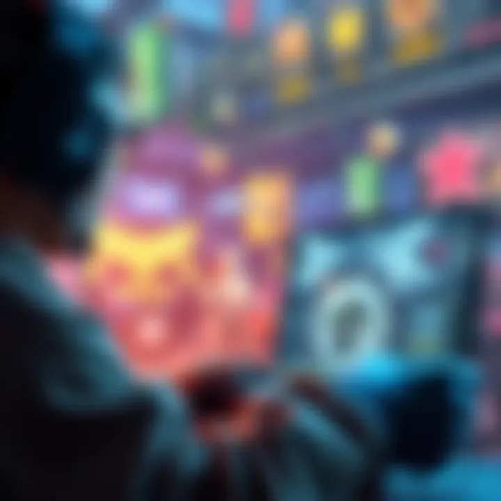 Player maximizing game zones A gamer focused on the screen, strategizing to maximize zones in their game, surrounded by game elements and characters.