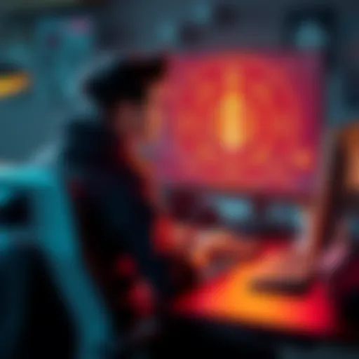 A gamer sits at a desk, contemplating a character build in a melee combat RPG, with a samurai sword and glowing astrological symbols on the screen.