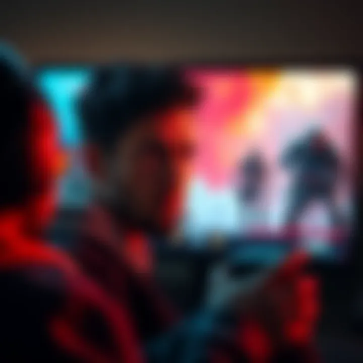 Player facing a moral choice in a video game A gamer looks conflicted while playing a violent video game, showing a character on screen that they could attack but hesitate to harm.