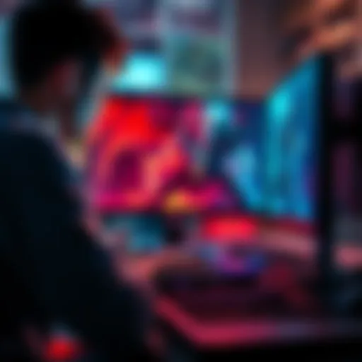 A gamer focuses on a computer screen while playing Monster Hunter Rise with a mouse and keyboard, showing intense combat actions.