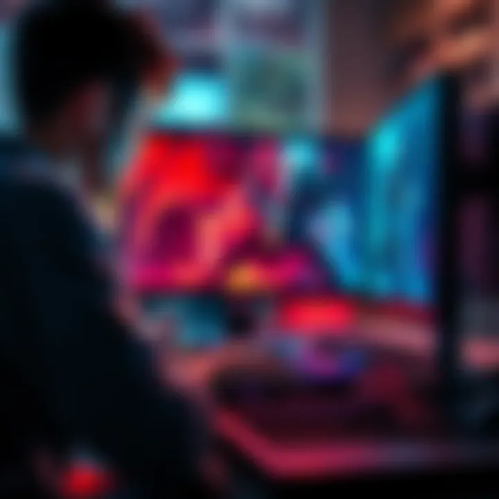 A gamer focuses on a computer screen while playing Monster Hunter Rise with a mouse and keyboard, showing intense combat actions.