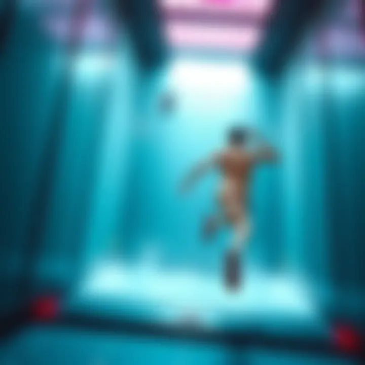 A player successfully lands without damage during a risky naked run in a game, showcasing their unexpected escape while falling towards an elevator.