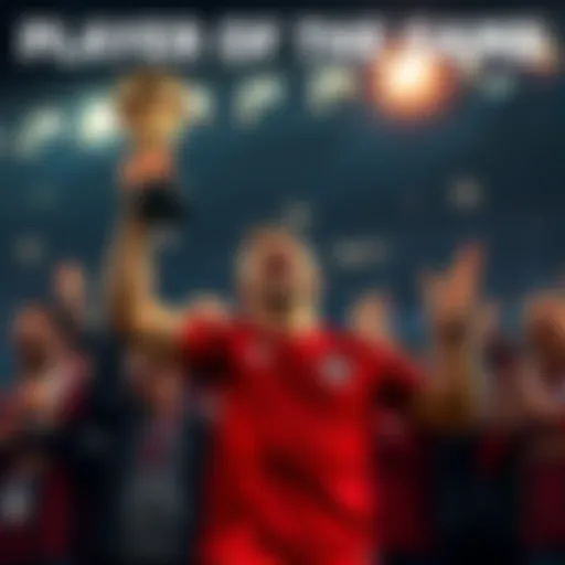 A player celebrating after being awarded Player of the Game with a trophy in hand, surrounded by cheering fans.