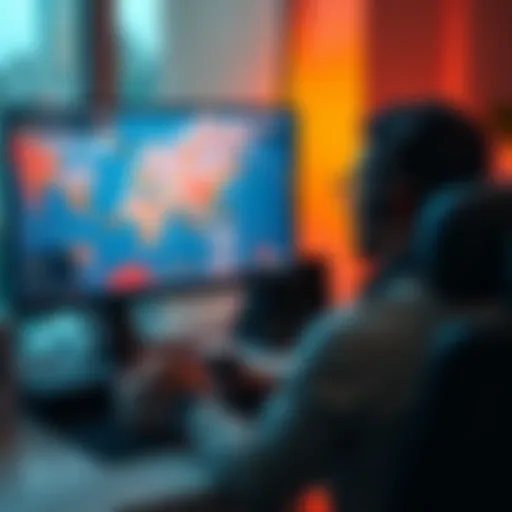 A person sitting at a desk, focused on a computer screen displaying a colorful open world game map with various icons and waypoints