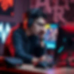 Player Overcoming Challenge A gamer sitting at their desk, looking frustrated while staring at a computer screen with gaming graphics, symbolizing a tough moment in their gaming experience.