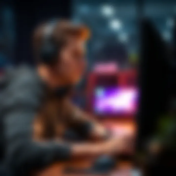 A focused gamer sitting at a desk, looking determined while playing a video game, with an expression of concentration and hope.