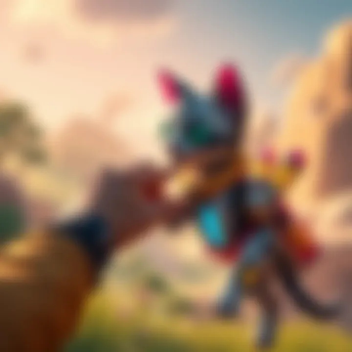 Player petting a Jetpack Cat A gamer gently pets a colorful Jetpack Cat in a virtual landscape after a battle, showcasing a fun gaming moment.