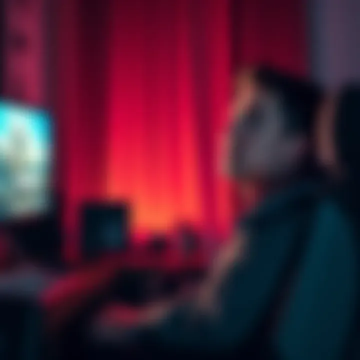 A gamer sitting at a desk with a worried expression as the room darkens due to a power outage, with a gaming setup visible.