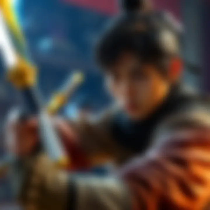 A gamer focused on combat, practicing parrying techniques in a samurai-themed game environment, with a determined expression.