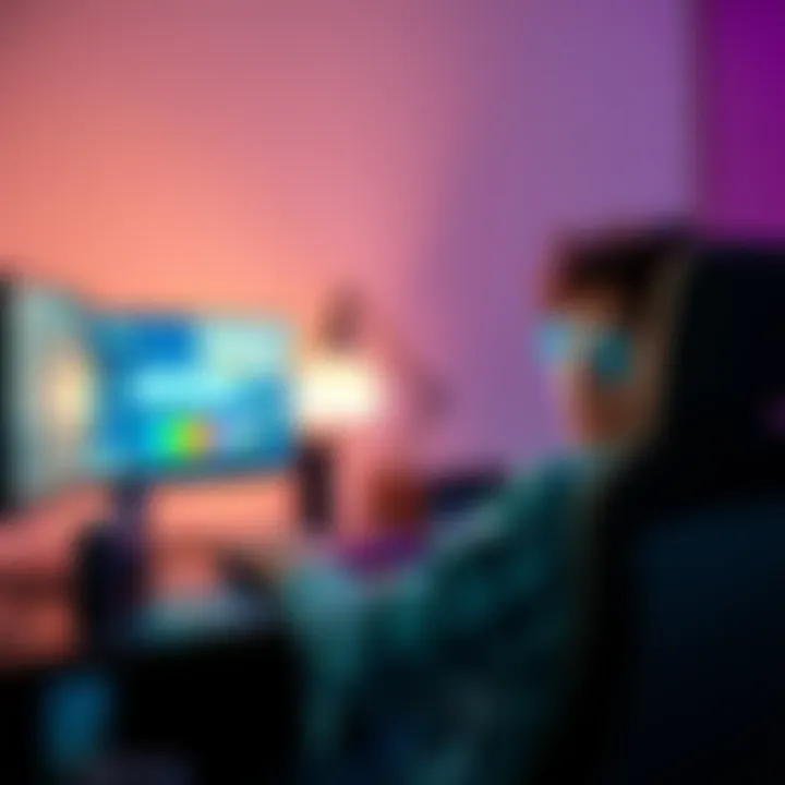 A gamer sitting at their desk, looking surprised while playing a video game, with the screen showing game graphics and a chat notification indicating proximity chat is disabled.