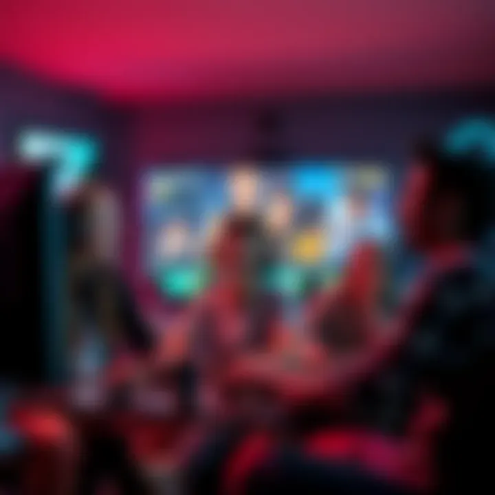 A player in a gaming setup laughing while showing their unusual nickname on screen, surrounded by friends who are amused.