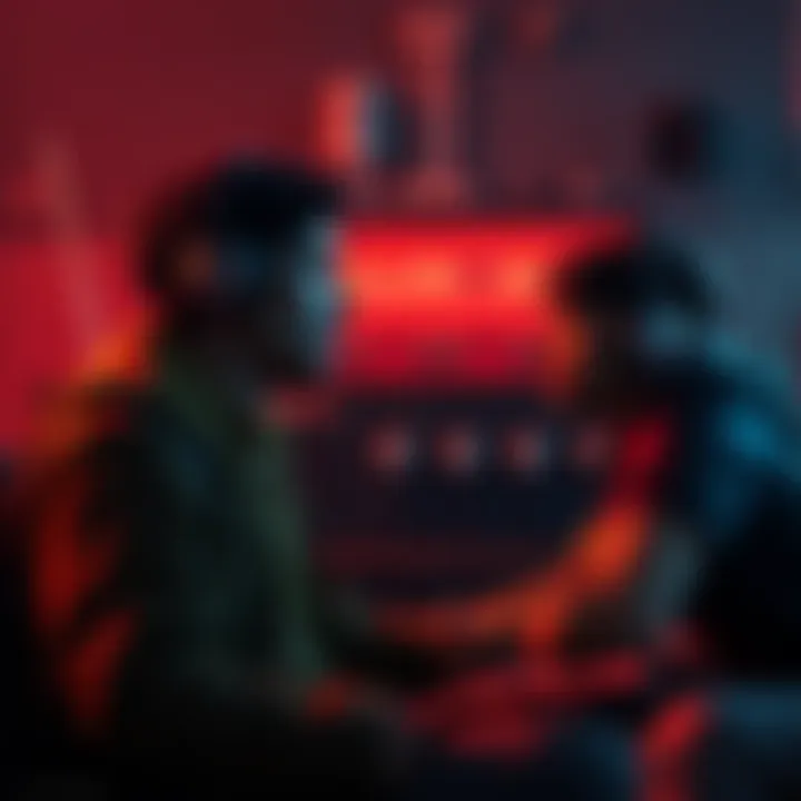 A video game character talking to another while a radio plays music in the background, creating a lively atmosphere