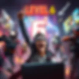 Player Reaching Level 6 in a Game A gamer excitedly celebrating reaching level 6 in a new game, surrounded by colorful graphics and action scenes from the gameplay.