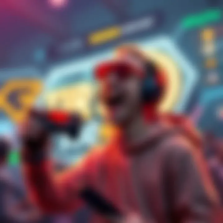 A gamer excitedly celebrating unlocking tier 50, holding a controller with a bright game interface in the background.