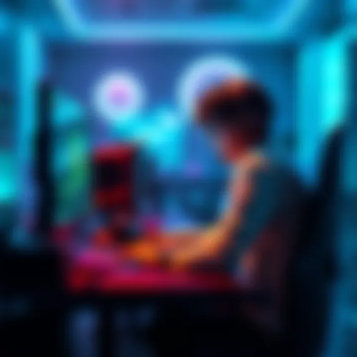 A player sitting at a computer, focused on the screen with gaming gear around, showing signs of excitement and determination to catch up with the game after a long break.