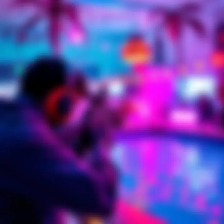 Gamer focused on the screen, aiming with a Reddot weapon in a vibrant Pool Party setting