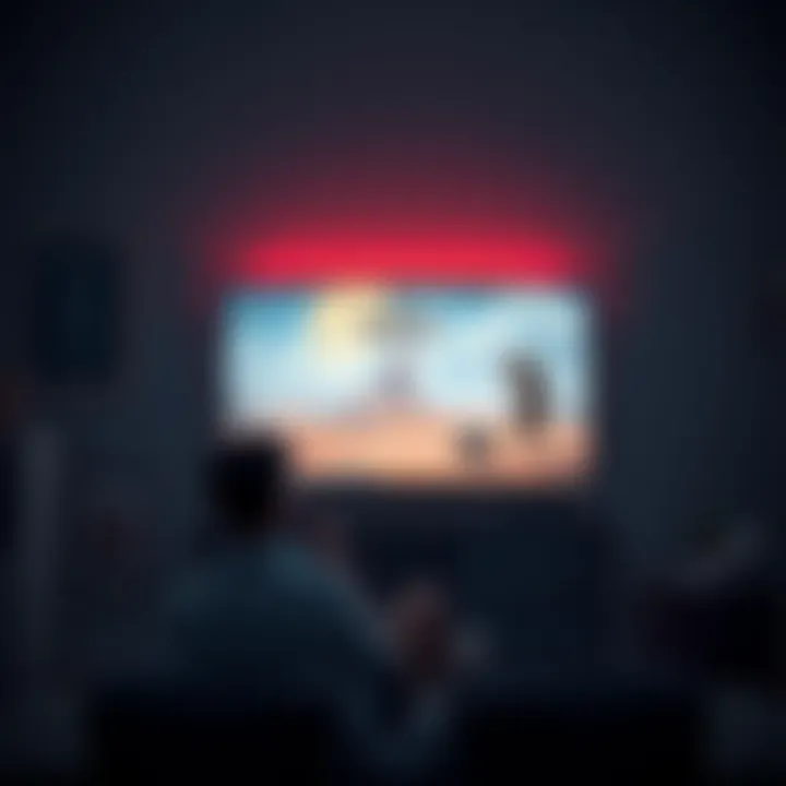 A gamer sits in a dimly lit room, looking thoughtful while playing Crimson Desert on a large screen, with posters of Pragmata in the background.