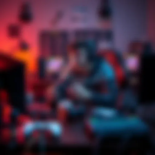 A gamer sitting at a desk with a controller, looking thoughtful, surrounded by gaming gear and personal items, symbolizing the balance between gaming and real-life responsibilities.