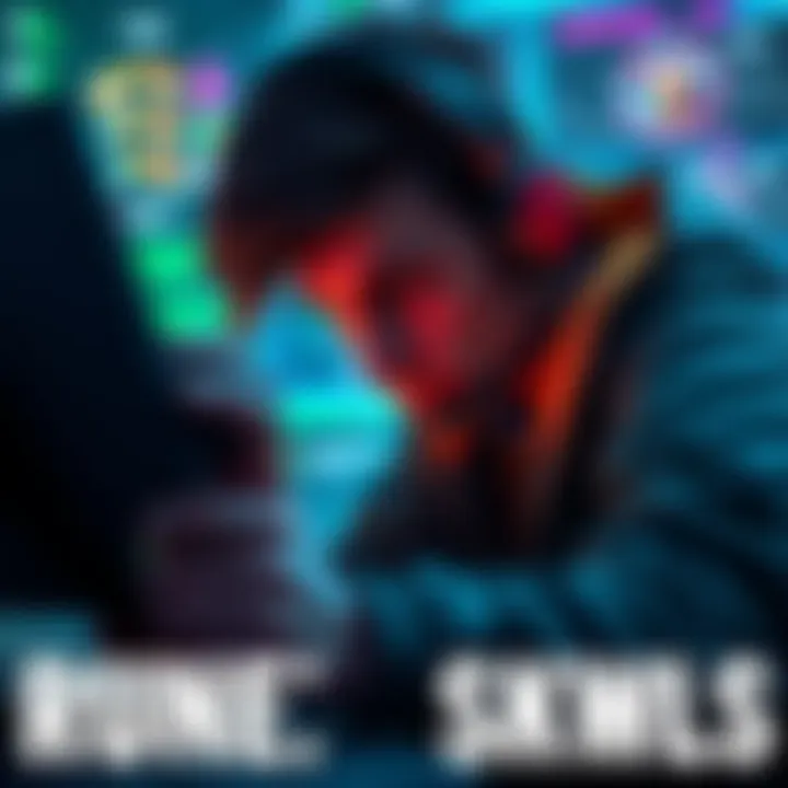 A gamer intensely focused on the screen, looking for rune skulls, surrounded by game graphics and interface elements.