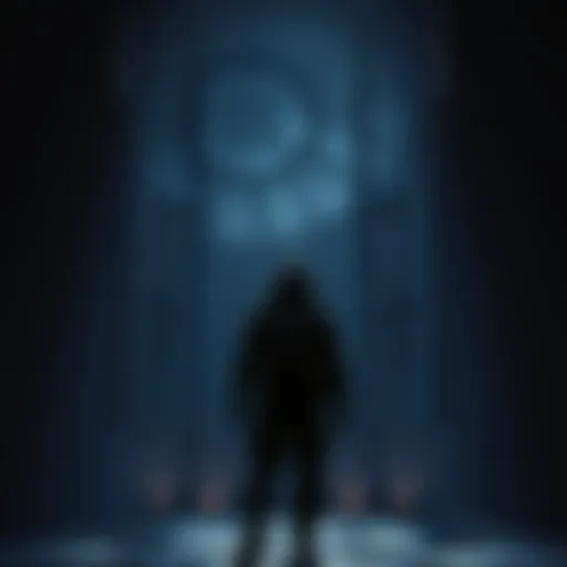A character standing in a dark environment, looking around while searching for weapons, with shadows and intricate designs in the background