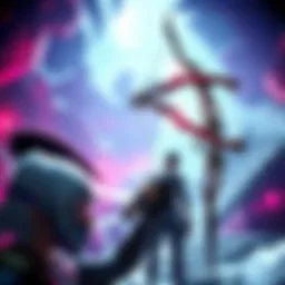 A player character in Monster Hunter World: Iceborne examining different weapon choices, including a bow and dual blades, in a vibrant game setting.