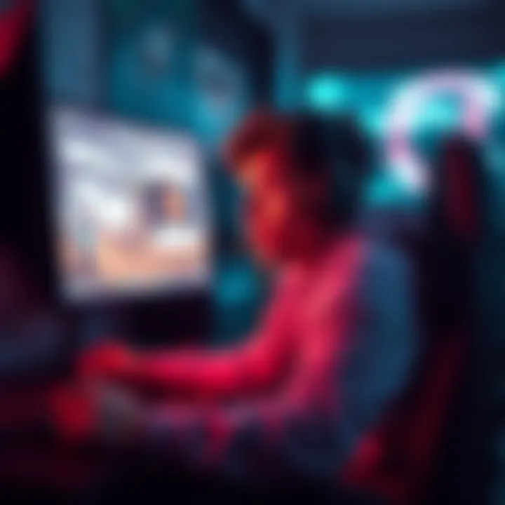 A player sitting at a computer with a surprised expression while playing a video game. The screen shows a gaming interface with chat messages popping up.