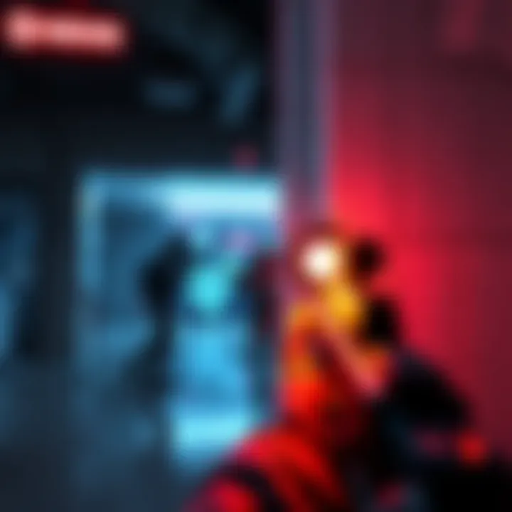 A gamer character aiming and shooting at an enemy behind a wall in a digital game setting