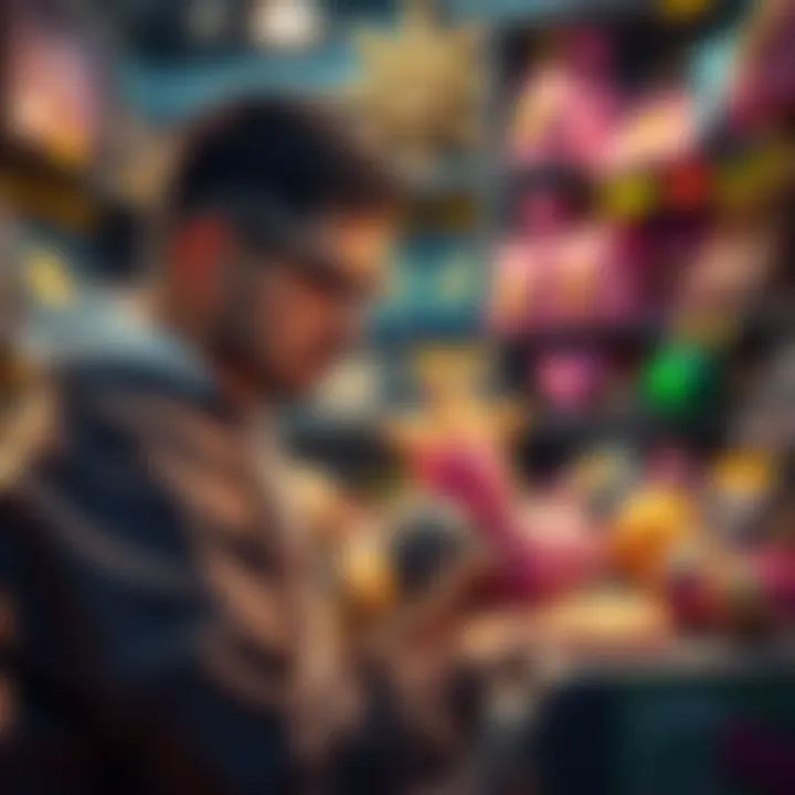 Player Sorting Items A player organizing their game inventory, focusing on pink and gold items while deciding what to keep or sell, with various items displayed around them.