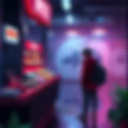 A gaming character standing at a counter with a display of items, looking disappointed after spending credits on a game.