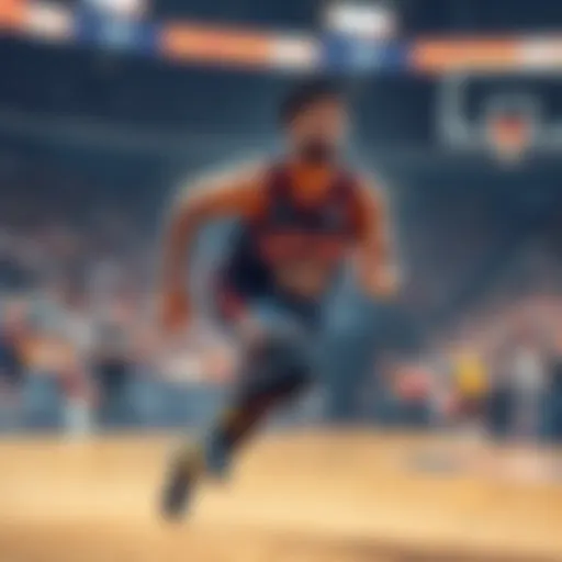 A basketball player sprinting on the court, showing a determined expression as they utilize a speed boost feature during a final game.