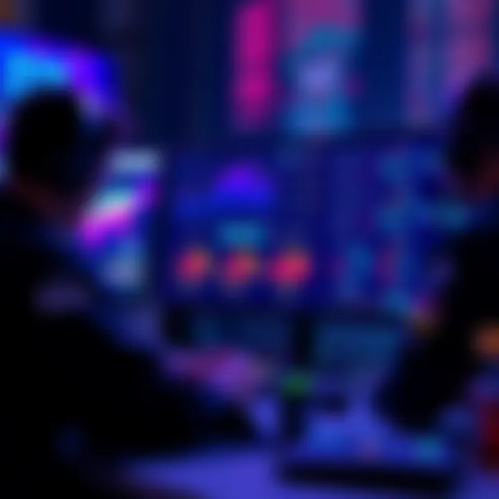 Two gamers analyzing their match statistics on a computer screen, focusing on performance metrics and gameplay insights.