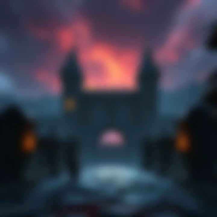 A player character stands at the entrance of Stormveil Castle, looking hesitant while holding a weapon, with a dark sky above.