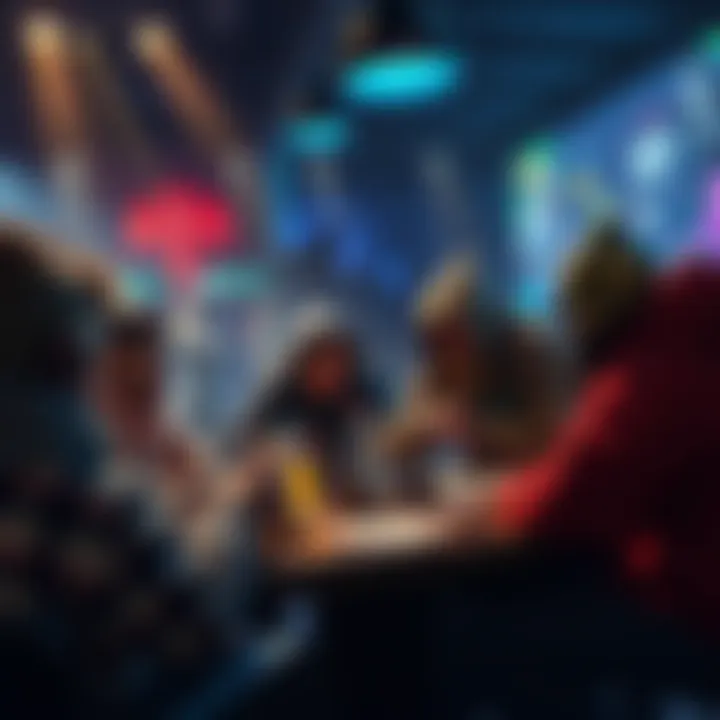 A group of players engaged in a tabletop RPG, discussing strategies while a game master looks on, showcasing player creativity and interaction.