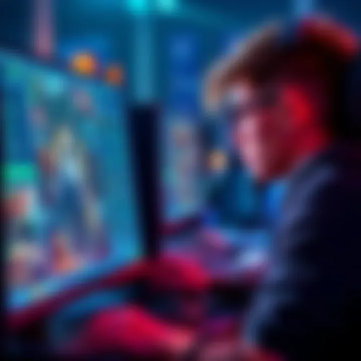A focused gamer studying strategies on a computer screen, analyzing characters and tactics to improve in ranked gameplay.
