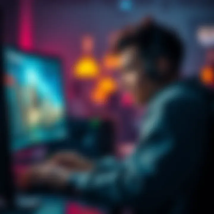 Struggling in Plat DPS A player sitting in front of a computer, looking frustrated while gaming, showing a screen with ranking statistics in a competitive game.