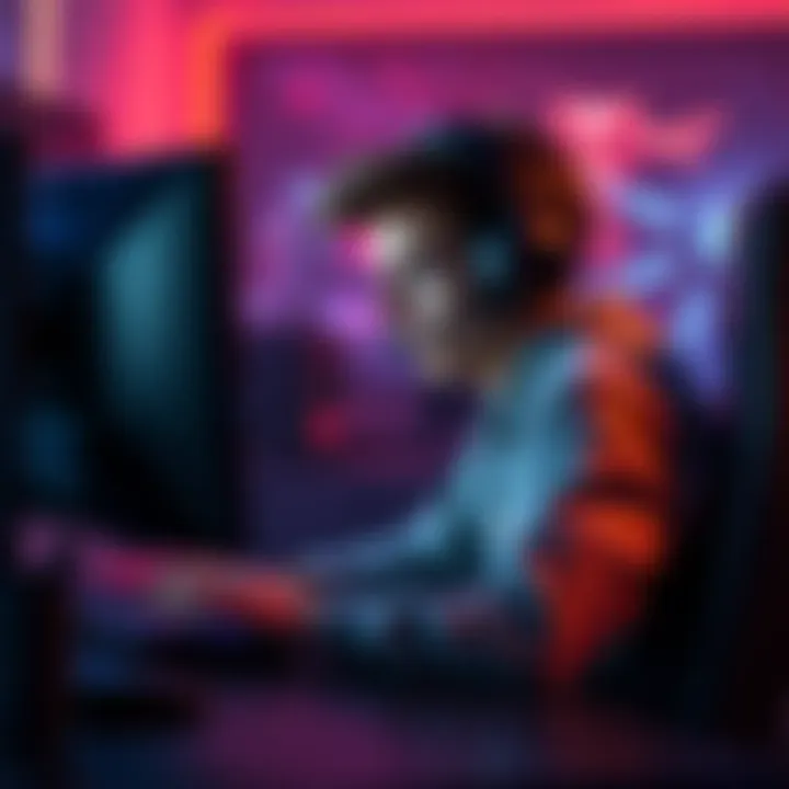 A gamer sitting at a desk, looking frustrated while playing ranked matches on a computer, with a gaming headset on.