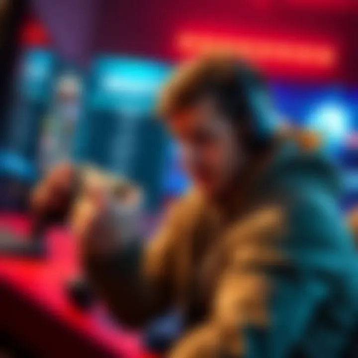 A gamer is shown frustrated while trying to select a character on screen, with a game controller in hand and a draft interface visible in the background.